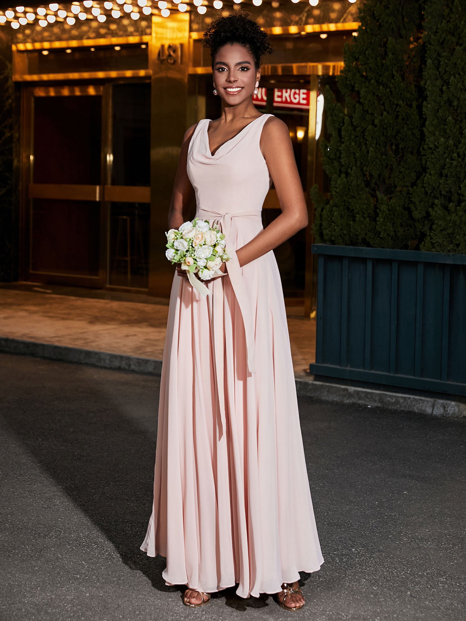 V-neck Simple Chiffon Full Length Dresses Pearl Pink